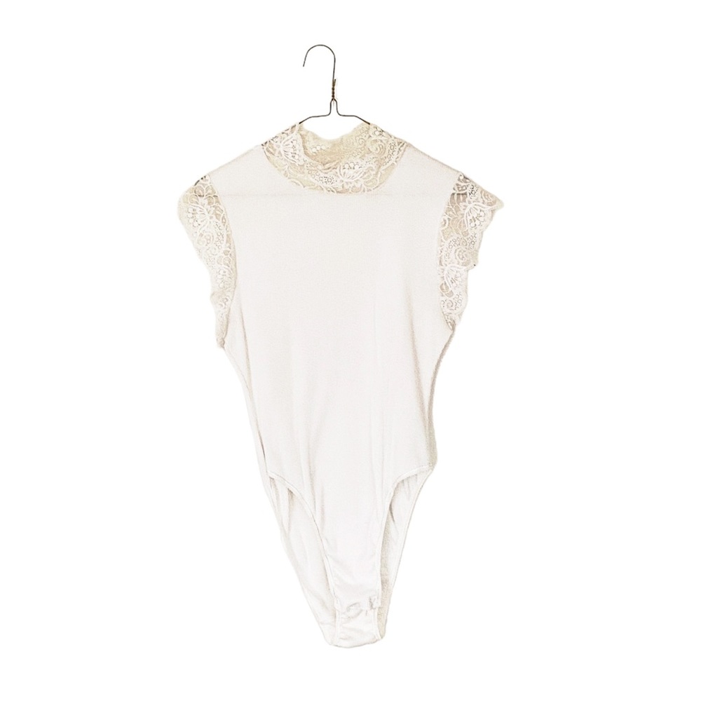90s cream white knit bodysuit shirt - lace turtleneck - onesie catsuit snap